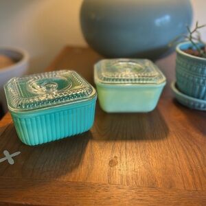 Two Fire King refrigerator storage dishes-one Jadeite the other fired on.